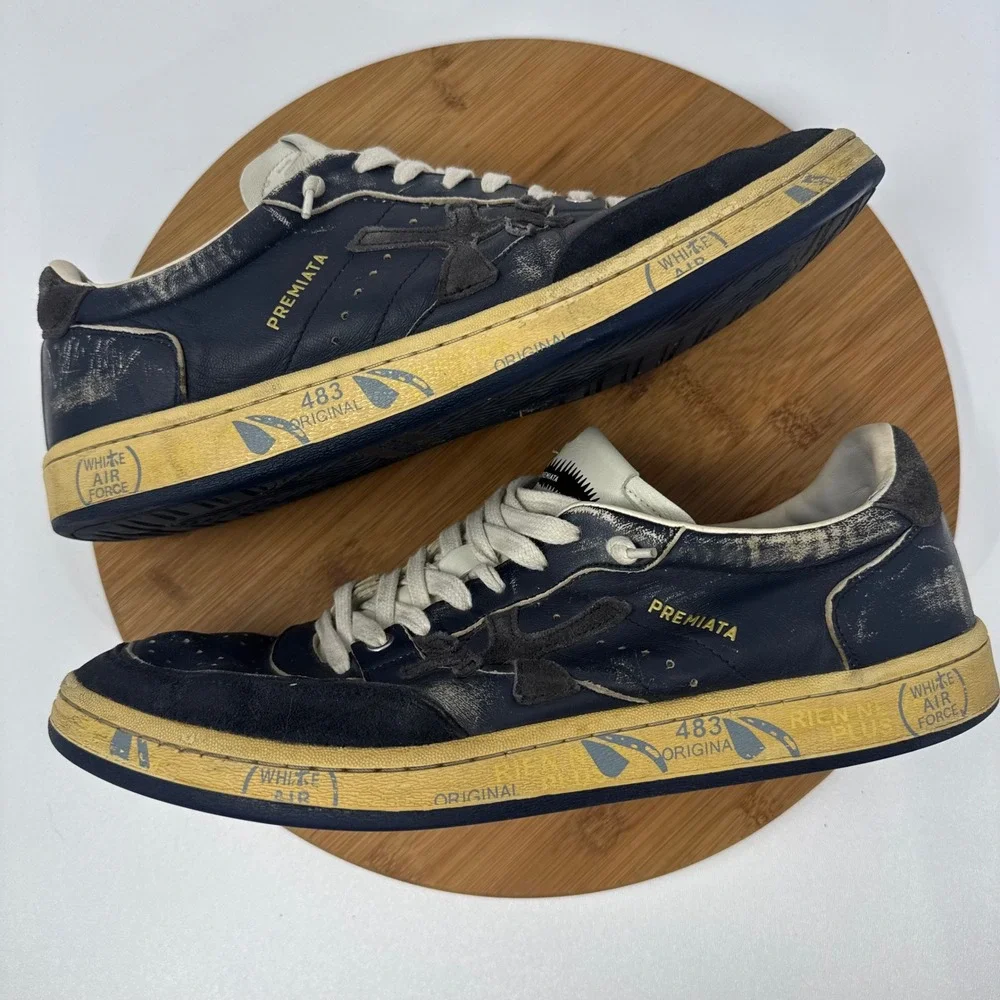 Premiata Clay 6907 Navy Leather Distressed Sneakers Mens Sz 45/12 Low Top Shoes